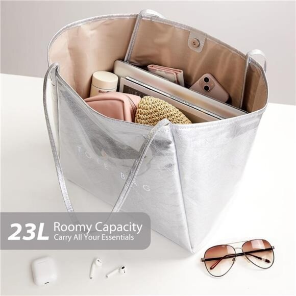 Women’s Large PVC Silver Tote Bag Oversized Shopper Handbag with Shoulder Straps - Picture 4 of 8